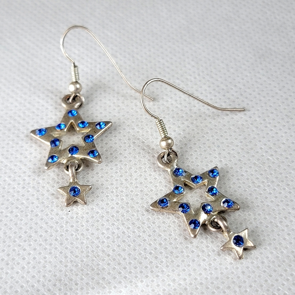 Star Drop Earrings | Blue Rhinestone Silver Tone